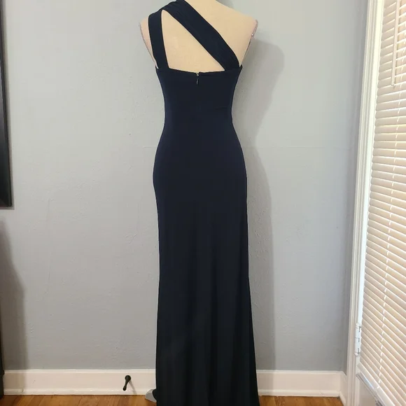 David Meister Dress Gown Maxi Dark Blue One Shoulder Crystal Wedding 2 - Picture 7 of 16